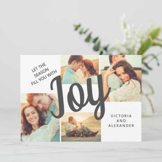 Elegant Groen Vreugschrift Vakantie 4 Foto Feestdagenkaart (Staand voorkant)