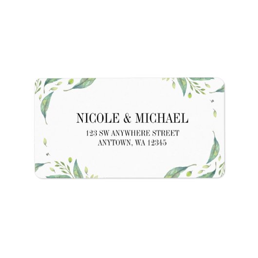 Elegant Groen Waterverf Bladblad Krans Etiket (Voorkant)