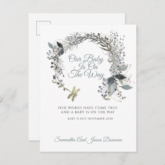 Elegant groen Waterverf bloemenzwangerschap Aankondigingskaart (Voorkant / Achterkant)