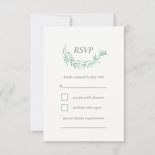 Elegant groen Waterverf krans bruiloft RSVP Kaartje (Voorkant)