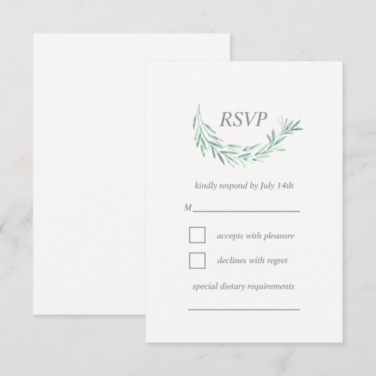 Elegant groen Waterverf krans bruiloft RSVP Kaartje (Voorkant / Achterkant)