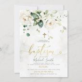 Elegant groen wit bloemengoud kruis doop kaart (Voorkant)
