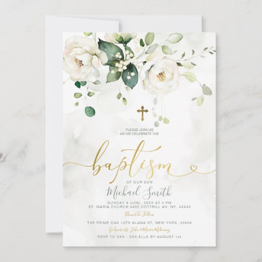 Elegant groen wit bloemengoud kruis doop kaart (Voorkant)