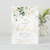 Elegant groen wit bloemengoud kruis doop kaart (Staand voorkant)