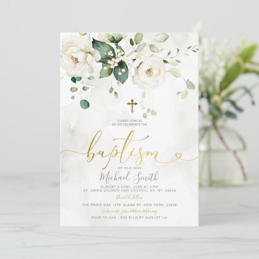 Elegant groen wit bloemengoud kruis doop kaart (Staand voorkant)