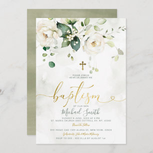Elegant groen wit bloemengoud kruis doop kaart