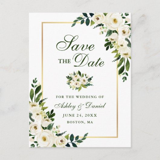 Elegant groen wit bloemmotief save the date aankondigingskaart (Voorkant)