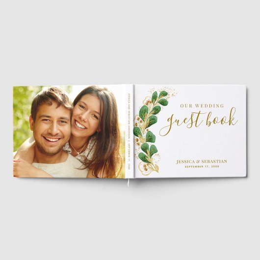 Elegant groen, wit en goud foto bruiloft gastenboek (Volledig)