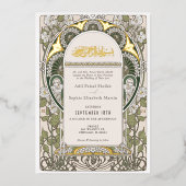 Elegant Groen & Wit Islamitisch Bruiloft Goud Folie Uitnodiging (Voorkant)