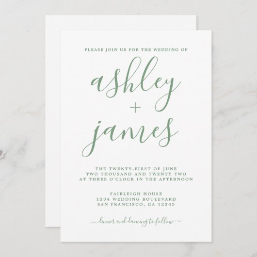 Elegant groen-wit kalligrafie bruiloft kaart (Voorkant / Achterkant)