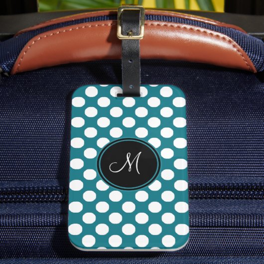 Elegant groen wit polka dot monogram patroon bagagelabel (Voorkant Insitu 2)