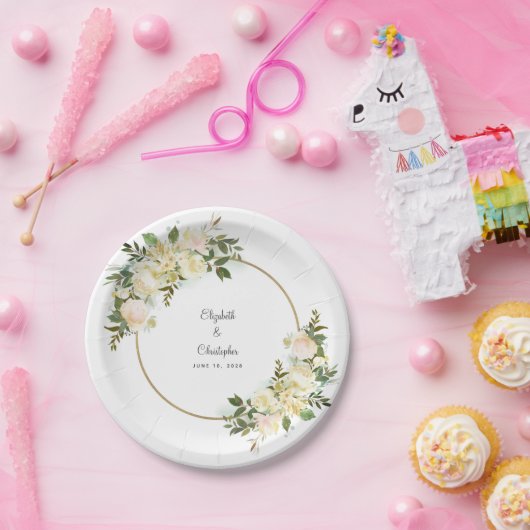 Elegant groen wit rose bloemengoud Lijst Papieren Bordje (Feest)