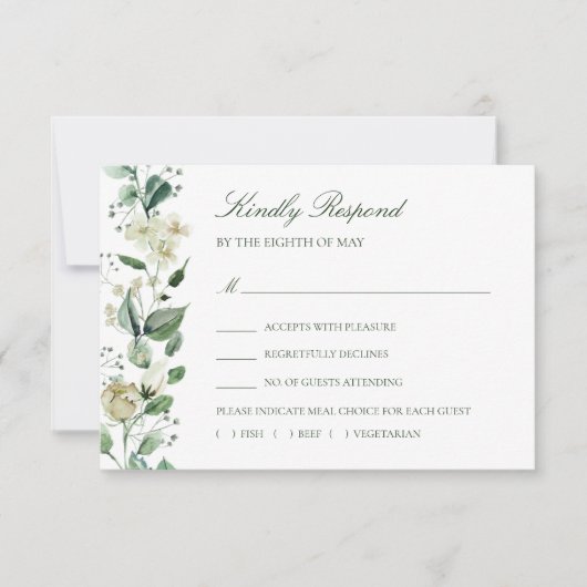 Elegant groen witte bloemen maaltijdkeuze bruiloft RSVP kaartje (Voorkant)