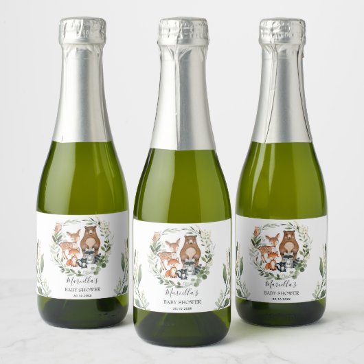 Elegant groen Woodland Forest Baby Dieren Sparkling Wijnetiket (Flessen)