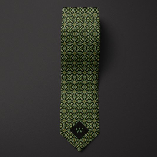 Elegant Groen & Zwart Arabesk Monogram Stropdas