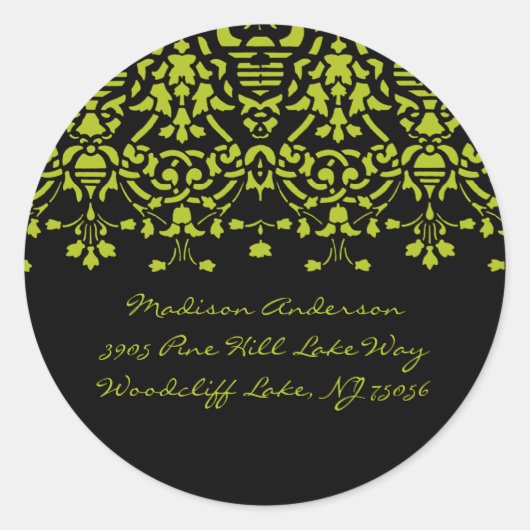 Elegant groen & zwart damast adreslabel Sticker (Voorkant)