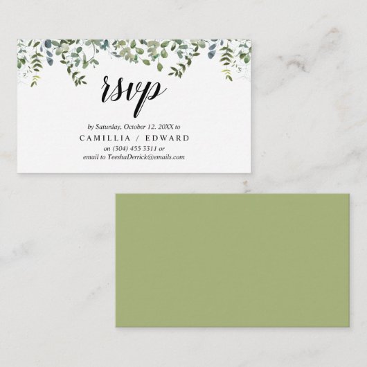 Elegant groen, zwart script, RSVP reageren Informatiekaartje (Voorkant / Achterkant)