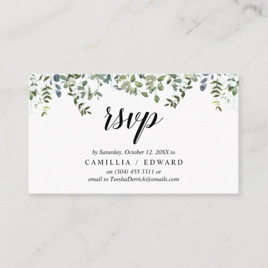Elegant groen, zwart script, RSVP reageren Informatiekaartje (Voorkant)