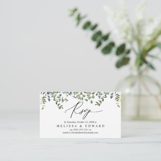 Elegant groen, zwart script, RSVP reageren Informatiekaartje (Staand voorkant)