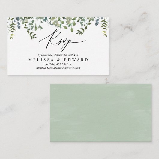 Elegant groen, zwart script, RSVP reageren Informatiekaartje (Voorkant / Achterkant)