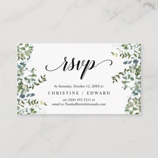 Elegant groen, zwart script, RSVP reageren Informatiekaartje (Voorkant)