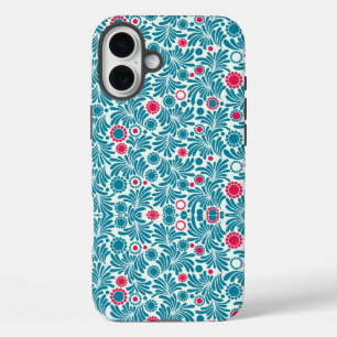Elegant groenblauw en magenta bladpatroon iPhone 16 plus hoesje