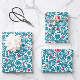 Elegant groenblauw en magenta bladpatroon inpakpapier vel