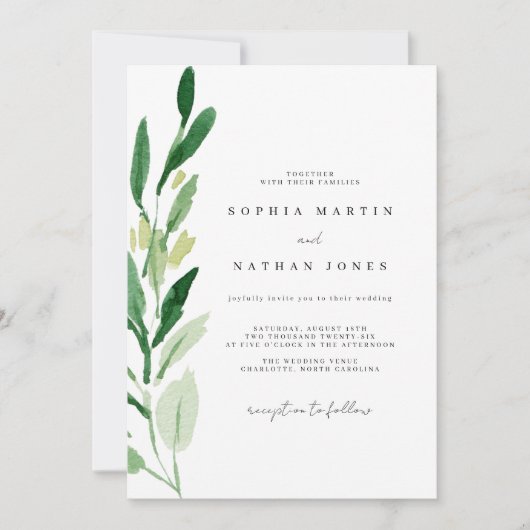 Elegant Groene Blad Waterverf Bruiloft Kaart (Voorkant)