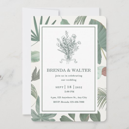 Elegant Groene Bladeren Botanische Schets Kaart (Voorkant)