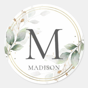 ELEGANT Groene Bladeren Gouden Monogram (bewerkbaa Ronde Sticker