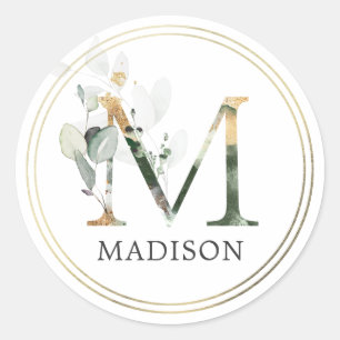 ELEGANT Groene Bladeren Gouden Monogram Letter M Ronde Sticker