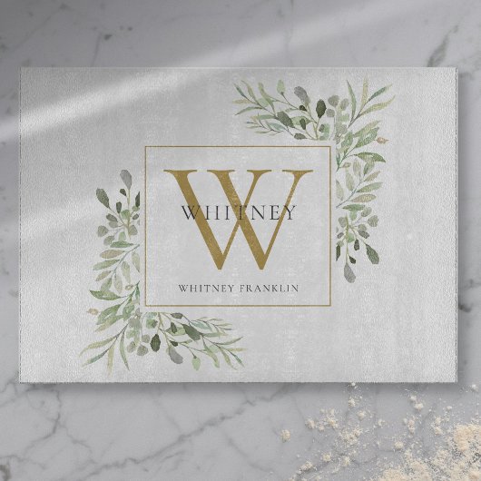 Elegant groene bladgoudmonogram snijplank