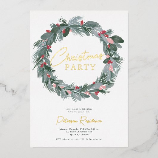 Elegant groene blauwe roodflorale kerstkreet folie uitnodiging (Voorkant)