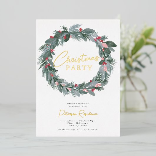 Elegant groene blauwe roodflorale kerstkreet folie uitnodiging (Staand Voorkant)