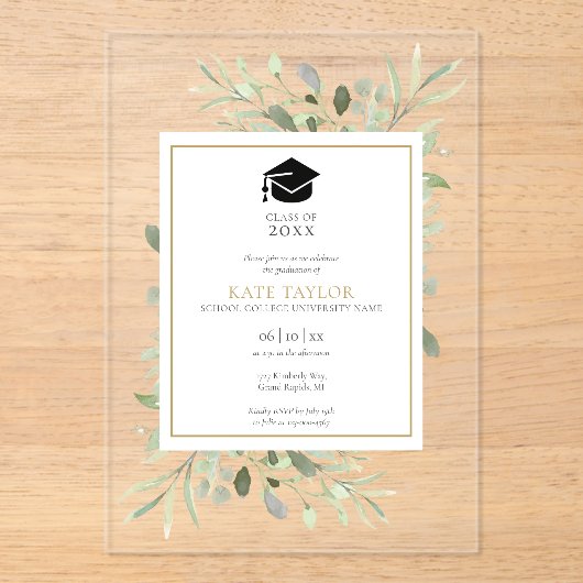 Elegant groene bloemrijke afstudeerfeest acryl uitnodigingen (Voorkant)