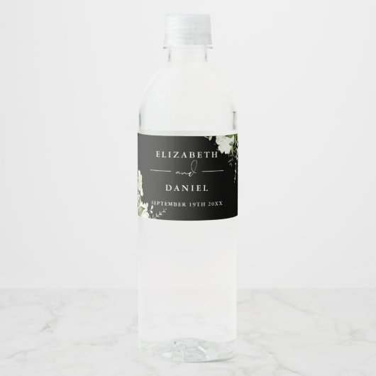 Elegant groene bloemstukken zwart-wit bruiloft waterfles etiket (Voorkant)