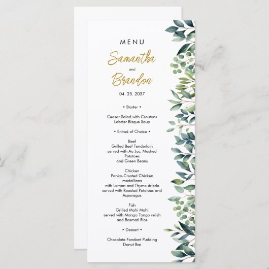 Elegant groene botanische bladeren Bruiloft Menu (Voorkant / Achterkant)