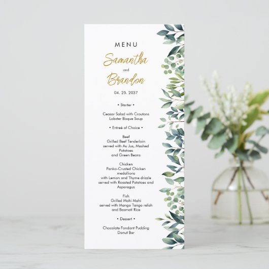Elegant groene botanische bladeren Bruiloft Menu (Staand voorkant)