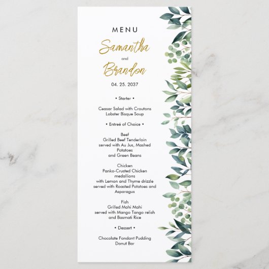 Elegant groene botanische bladeren Bruiloft Menu (Voorkant)