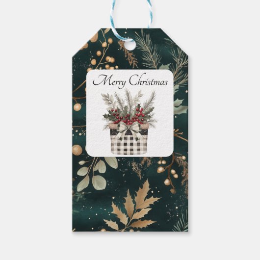 Elegant Groene Botanische Kerst Cadeaulabel (Voorkant)