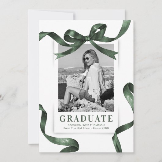 Elegant Groene Bow Foto Afstuderen Aankondiging (Voorkant)