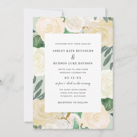 Elegant groene crème gouden bloemige gebladerte br kaart (Voorkant)