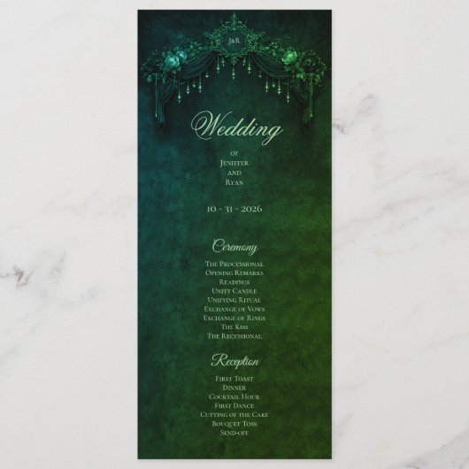 Elegant groene gotische Halloween-huwelijksprogram Menu (Voorkant)