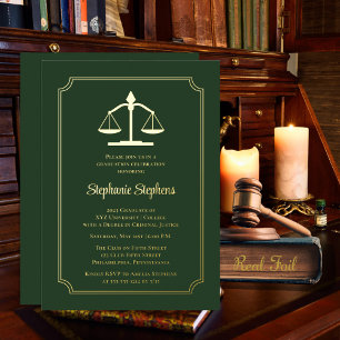 Elegant groene jurist afstudeerfeest folie uitnodiging