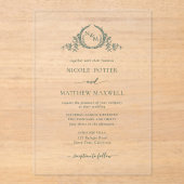 Elegant Groene Koninklijke Kroon Krans Monogram Acryl Uitnodigingen (Voorkant)