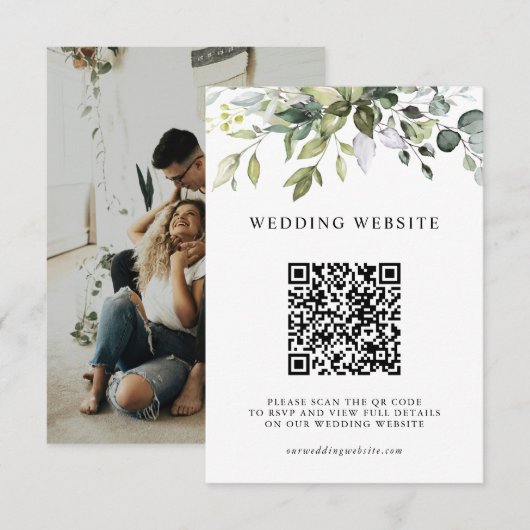 Elegant Groene Loof QR-code & Foto Bruiloft Informatiekaartje (Voorkant / Achterkant)