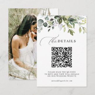 Elegant Groene Loof QR-code & Foto Bruiloft Informatiekaartje