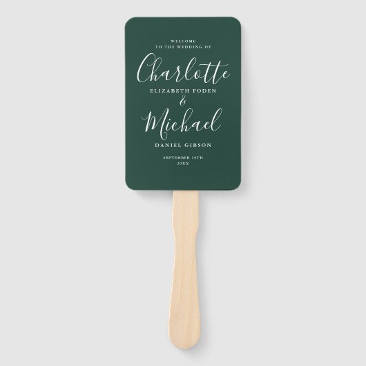 Elegant Groene Moderne Script Huwelijksprogramma Handwaaier (Voorkant)