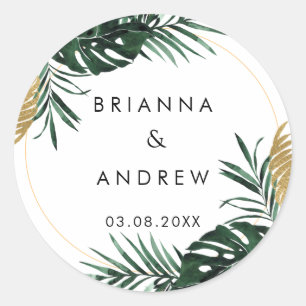 Elegant, groene palm, gouden (imitatie) rand ronde sticker