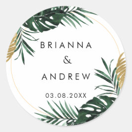 Elegant, groene palm, gouden (namaak) rand ronde sticker